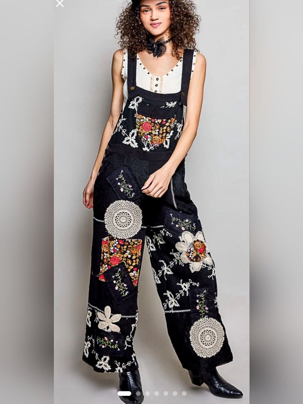POL Black Embroidered Patchwork Overalls with Floral Accents
